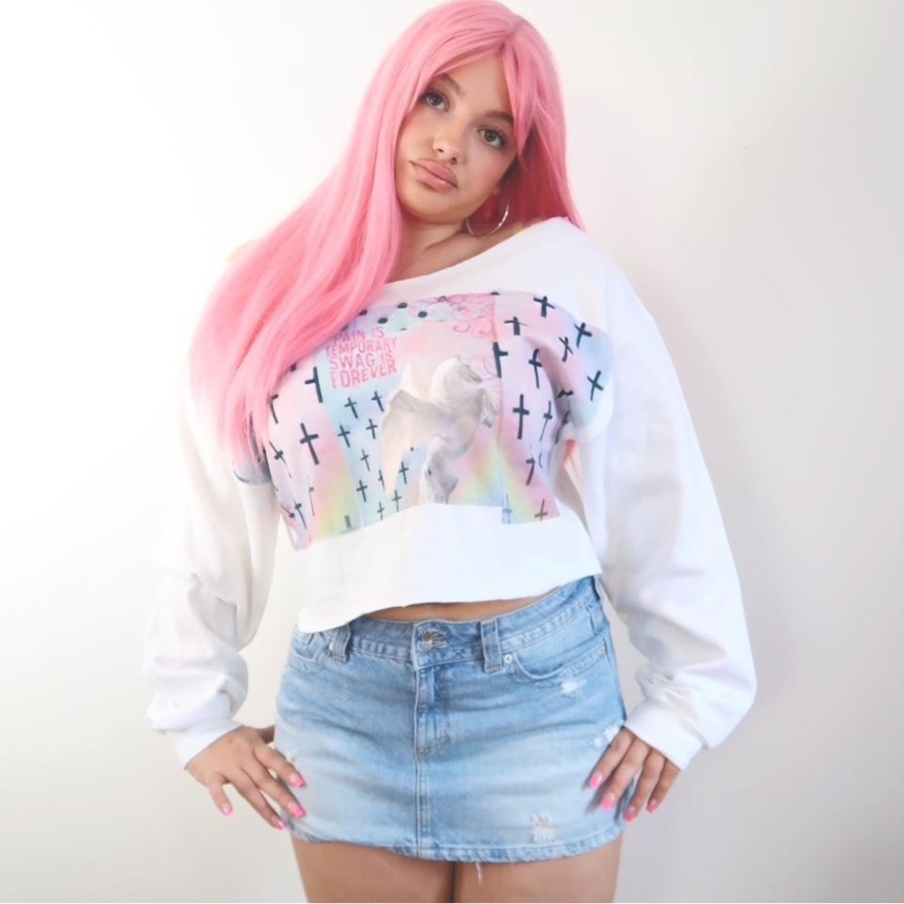 y2k unicorn cross graphic off shoulder cropped sweatshirt swag